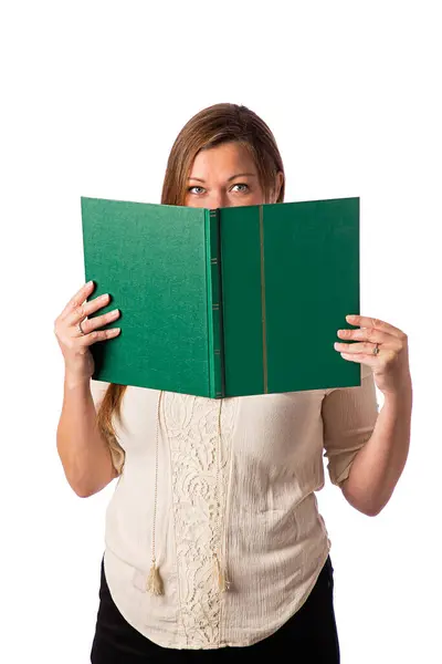 Mulher Segurando Grande Livro Verde Para Esconder Seu Rosto Fotografia De Stock