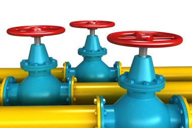 Beyaz arkaplan üzerinde izole edilmiş boru hatları olan 3D gaz muslukları