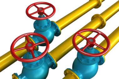 Beyaz arkaplan üzerinde izole edilmiş boru hatları olan 3D gaz muslukları