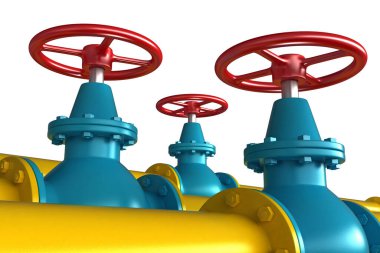 Beyaz arkaplan üzerinde izole edilmiş boru hatları olan 3D gaz muslukları