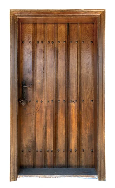 Eine Alte Holztür Verschlossen Mit Einem Vorhängeschloss Isoliert Auf Weißem — Stockfoto
