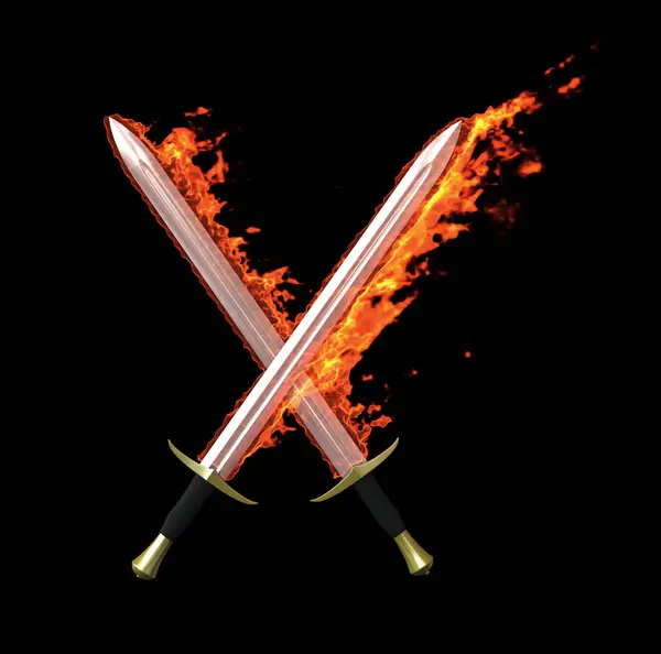 Darstellung Von Schwertern Flammen Auf Schwarzem Hintergrund — Stockfoto