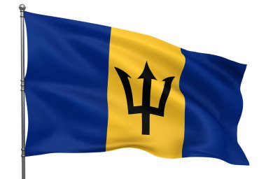 Beyaz arkaplan üzerinde izole edilmiş Barbadoslu bayrağı sallıyor