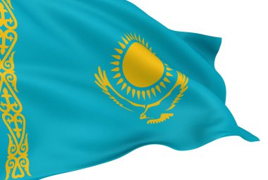 Beyaz arkaplan üzerinde Kazak bayrağı sallamak