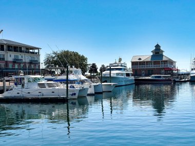 Şehir merkezinde hareketli bir marina, çeşitli tekneler ve büyüleyici bir restoran..