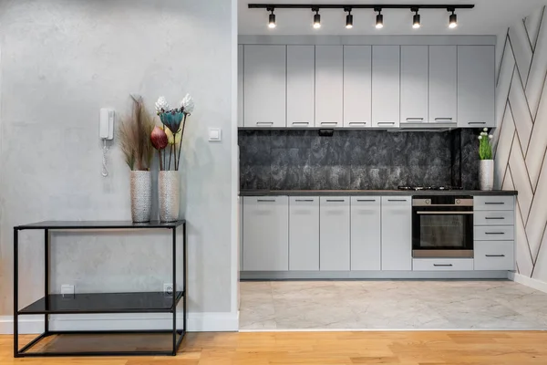 现代室内设计灰色装修的小空厨房 — 图库照片