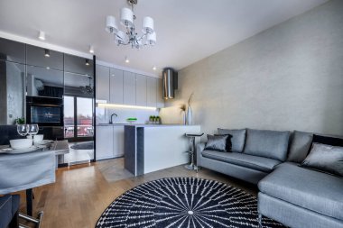 Modern iç tasarım. Küçük bir dairede açık mutfağı olan oturma odası.