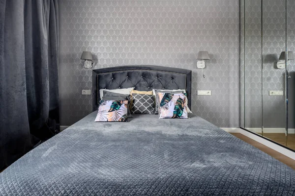 Современный Дизайн Интерьера Спальня Серой Отделке — стоковое фото