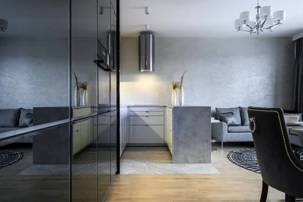 现代室内设计 小房间有开放式厨房的客厅 — 图库照片