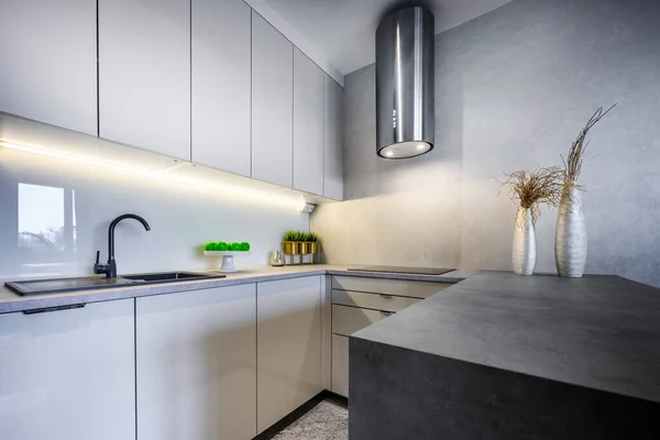 Μοντέρνα Εσωτερική Διακόσμηση Ανοιχτή Κουζίνα Μικρό Διαμέρισμα Λευκό Φινίρισμα — Φωτογραφία Αρχείου