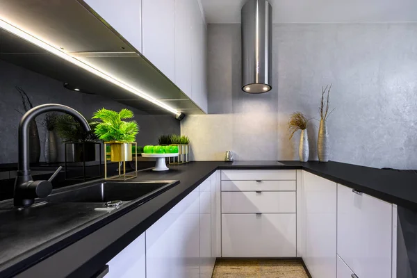 Diseño Interior Moderno Cocina Abierta Pequeño Apartamento Acabado Blanco Negro —  Fotos de Stock