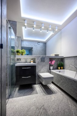 Mermer kaplamalı şık bir dairede modern küçük banyo.