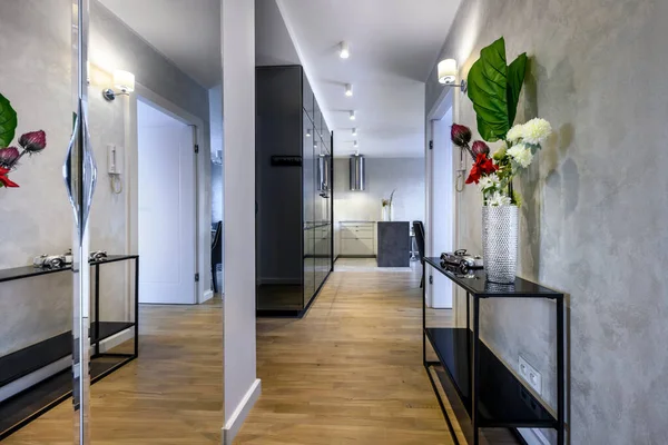 Modernes Interieur Flur Schwarzer Kleiderschrank Und Offene Küche — Stockfoto