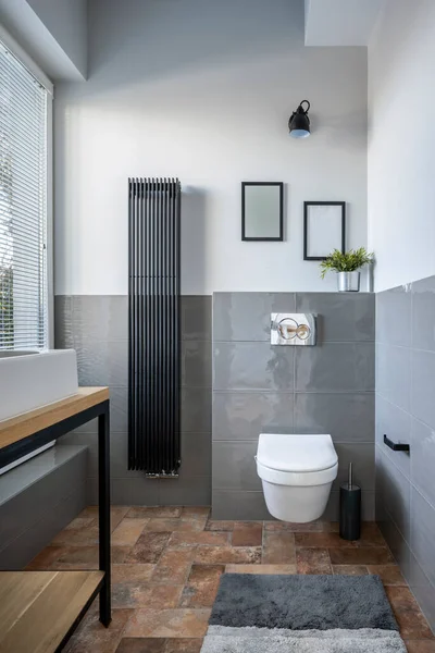 Moderno Pequeno Banheiro Elegante Apartamento Cinza Acabamento Madeira — Fotografia de Stock