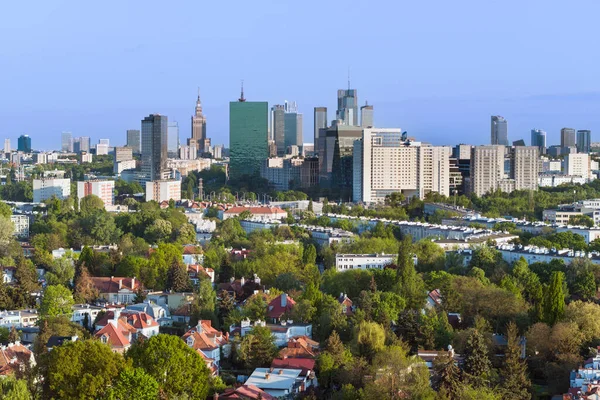Luchtfoto Drone Panorama Van Warschau Stad Bij Zonsondergang Uitzicht Vanuit — Stockfoto