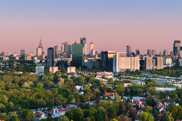 Aerial, drone panorama of Warsaw city during sunset. View from Zoliborz district of Warsaw.