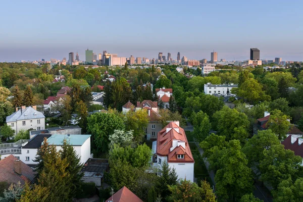 Luchtfoto Drone Panorama Van Warschau Stad Bij Zonsondergang Uitzicht Vanuit — Stockfoto