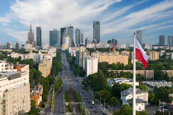 Luft Und Drohnenpanorama Der Stadt Warschau Bei Sonnenuntergang Blick Vom — Stockfoto