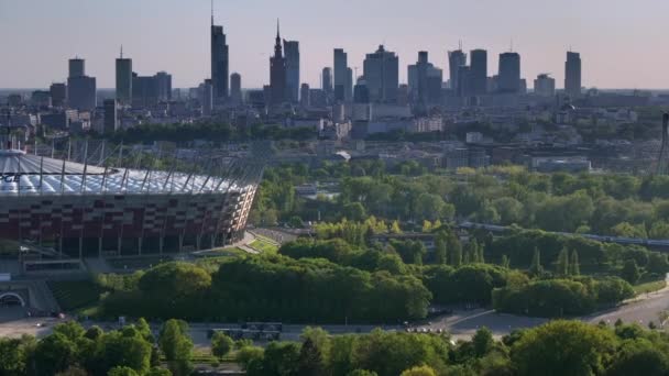 Повітряна Панорама Варшавського Міста Під Час Заходу Сонця Вид Парку — стокове відео