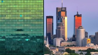 Günbatımında Varşova şehir merkezinin hava görüntüsü