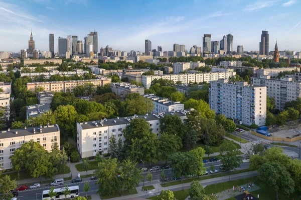 Aerial Drone Panorama Warsaw City Sunset View Muranow District Warsaw — Stock Photo, Image
