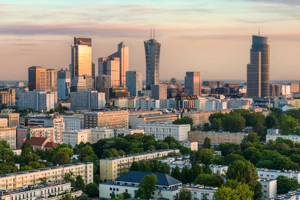 Luchtfoto Drone Panorama Van Warschau Stad Bij Zonsondergang Uitzicht Vanaf — Stockfoto