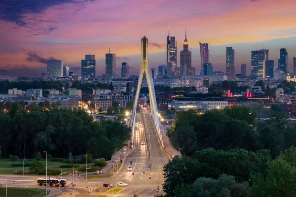 Aerial Elevation View Warsaw City Capital Poland Swietokrzyski Bridge Sunset — Stock Photo, Image