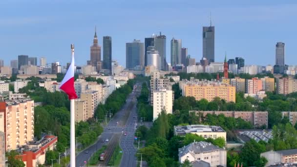 Luchtfoto Drone Panorama Van Warschau Stad Bij Zonsondergang Uitzicht Vanaf — Stockvideo