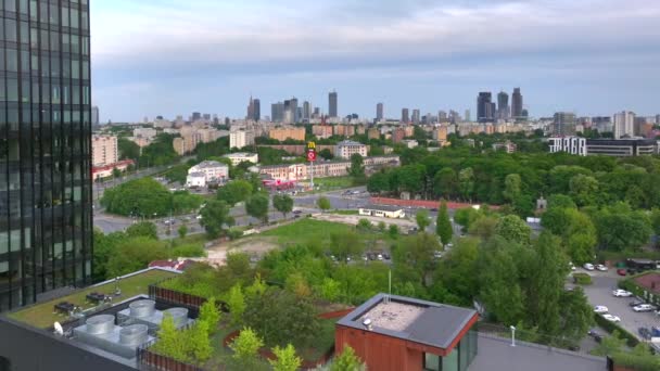 Letecké Bezpilotní Panorama Varšavy Při Západu Slunce Pohled Ronda Zgrupowania — Stock video