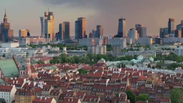 Panorama Cidade Varsóvia Sobre Cidade Velha Rio Vístula Durante Pôr — Vídeo de Stock