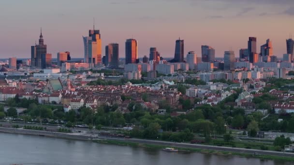 Warszawas Stadspanorama Över Gamla Stan Och Floden Vistula Solnedgången — Stockvideo