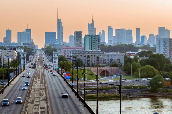 Varsavia Città Panorama Sul Fiume Vistola Ponte Poniatowski Durante Tramonto — Foto Stock