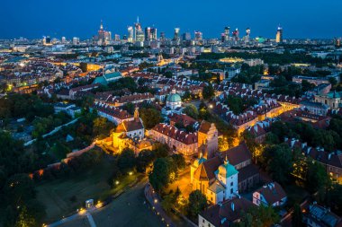 Panorama of Old Town and downtown of Warsaw from drone perspective during sunset