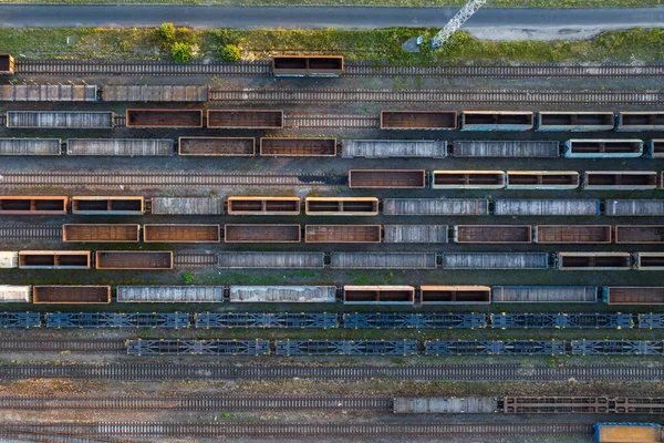 Close Van Goederentreinen Lege Wagons Spoorweg Zware Industrie Industriële Conceptuele — Stockfoto