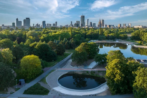 Panorama Aérien Drone Ville Varsovie Coucher Soleil Vue Depuis Parc — Photo