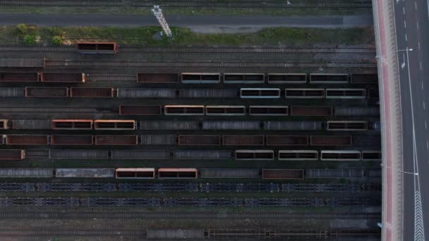 Zbliżenie Pociągów Towarowych Puste Wagony Kolei Ciężki Przemysł Przemysłowa Scena — Wideo stockowe