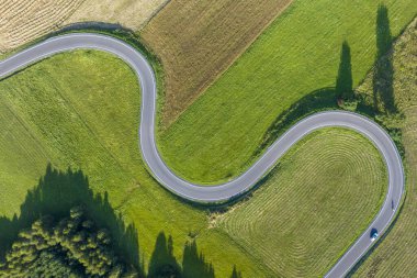 Polonya 'nın güneyindeki virajlı yol yukarıdan görülüyor.