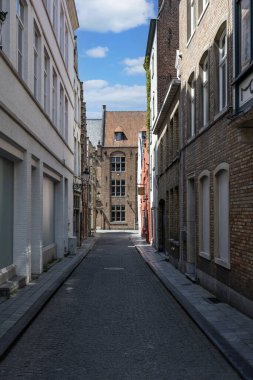 Belçika 'nın Batı Flanders eyaletinin tarihi Bruges (Bruges) merkezi manzarası. Bruges şehir manzarası. Bruges 'ün mimarisi ve simgesi