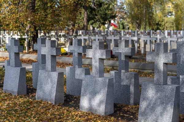 Cemetery with rows unmarked gravestones on Powazki, Warsaw, Poland