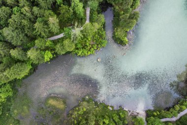 Bavyera doğa manzarasına tepeden bakan insansız hava aracı Alpler, Hintersee, Almanya 'daki bir gölde orman ve kristal berrak su