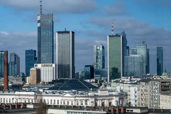 Panarama of financial district of Warsaw city during sunny day