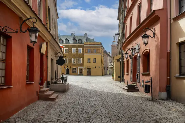 View Traditional Colored Tenements Houses Old Town Lublin City Sunny Stock Image