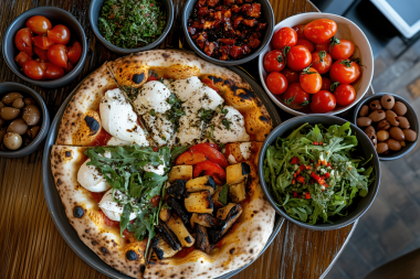 Kırsal ahşap bir masaya yayılmış gurme pizzanın genel görüntüsü.. 