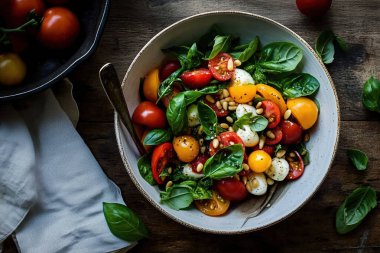 Kiraz domatesli renkli bir salata, mozarella topları ve ahşap bir masada beyaz bir kasede fesleğen yaprakları..