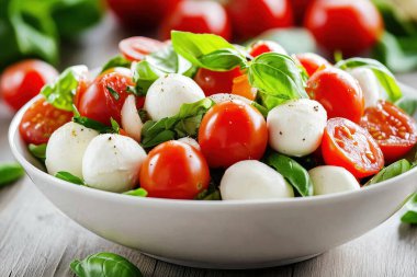 A colorful salad with cherry tomatoes, mozzarella balls, and basil leaves in a white bowl on a wooden table. clipart