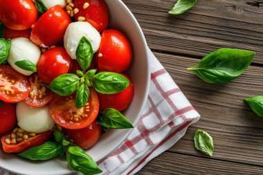 Kiraz domatesli renkli bir salata, mozarella topları ve ahşap bir masada beyaz bir kasede fesleğen yaprakları..