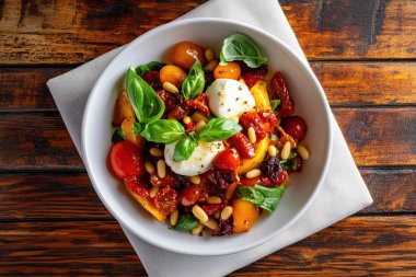 Kiraz domatesli renkli bir salata, mozarella topları ve ahşap bir masada beyaz bir kasede fesleğen yaprakları..