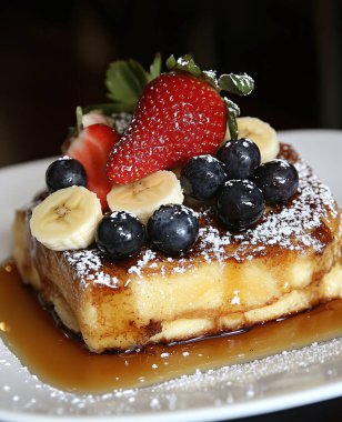 French toast with blueberries, strawberries, and banana slices on top, drizzled in honey or syrup.  clipart