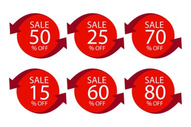 İndirimli indirimli satış etiketleri koleksiyon dizaynı kırmızı promosyon etiketleri beyaza izole edildi. vektör illüstrasyonu.