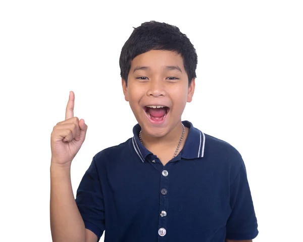Dítě Překvapený Šťastný Nápadem Prst Ukazuje Nahoru Izolované Bílé Pozadí — Stock fotografie